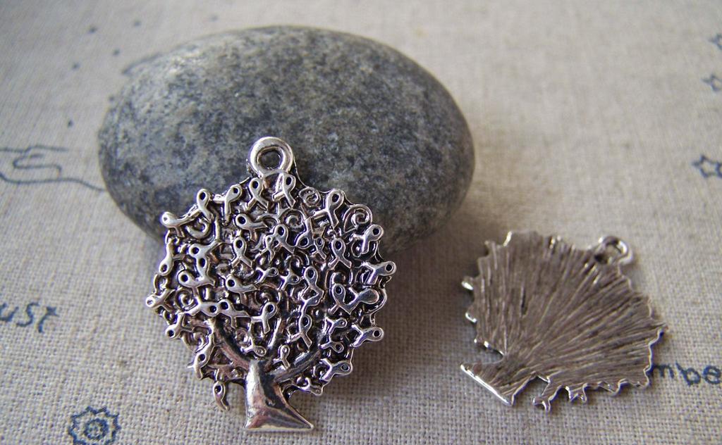 Accessories - 10 Pcs Of Antique Silver Ribbon Wish Tree Charms Pendants 25x29mm A5387