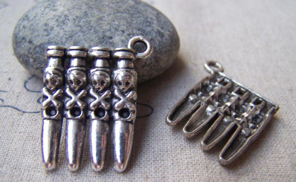 Accessories - 10 Pcs Of Antique Silver Skull Bullet Charger Charms Pendants 19x25mm A1569