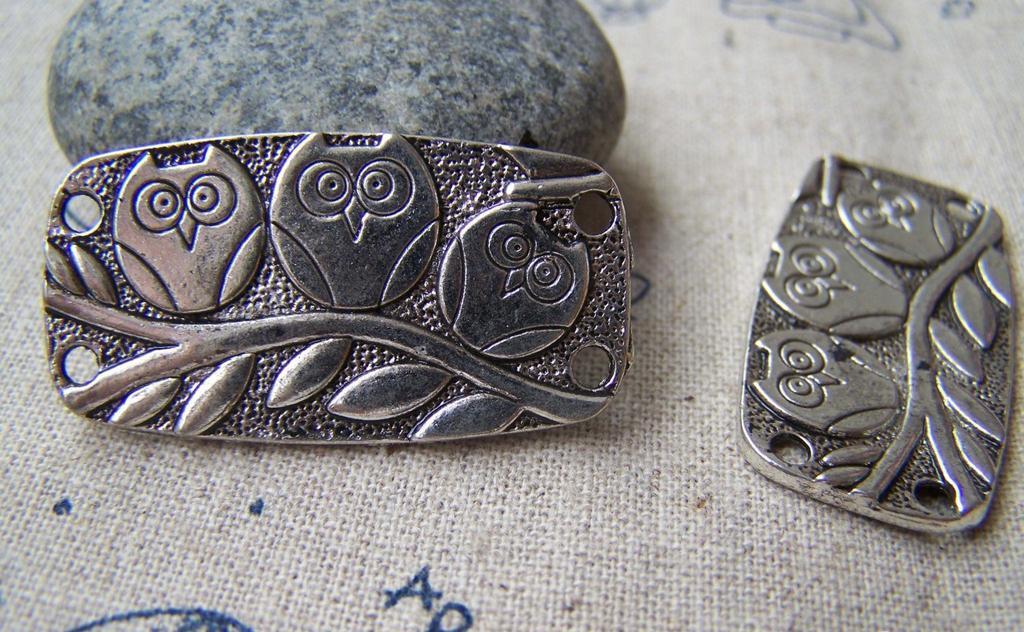Accessories - 10 Pcs Of Antique Silver Three Owl On Tree Rectangular Connectors Charms 20x38mm A1839
