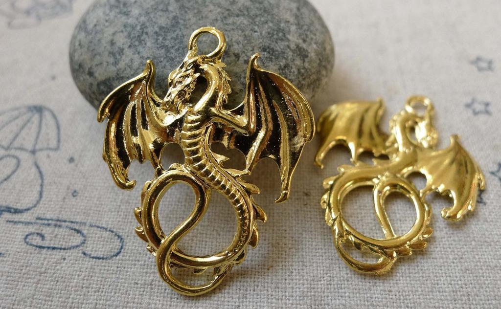 Accessories - 10 Pcs Of Gold Tone Flying Dragon Charms Pendant 27x34mm A6314