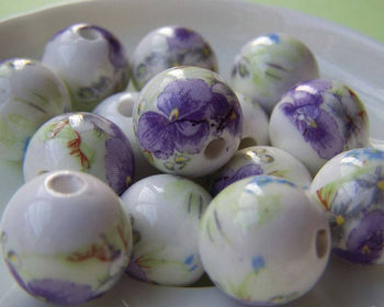 Accessories - 10 Pcs Of Hand Painted Blue Flower Ceramic Round Beads 14mm A1875