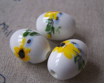Accessories - 10 Pcs Of Hand Painted Yellow Sunflower Oval Ceramic Beads 13x18mm A5308