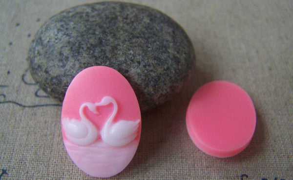 Accessories - 10 Pcs Of Resin Oval White Swan On Pink Cameo 18x25mm A4660
