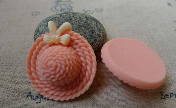 Accessories - 10 Pcs Of Resin Pink Bow Summer Hat Cameo Size 34x38mm A5603