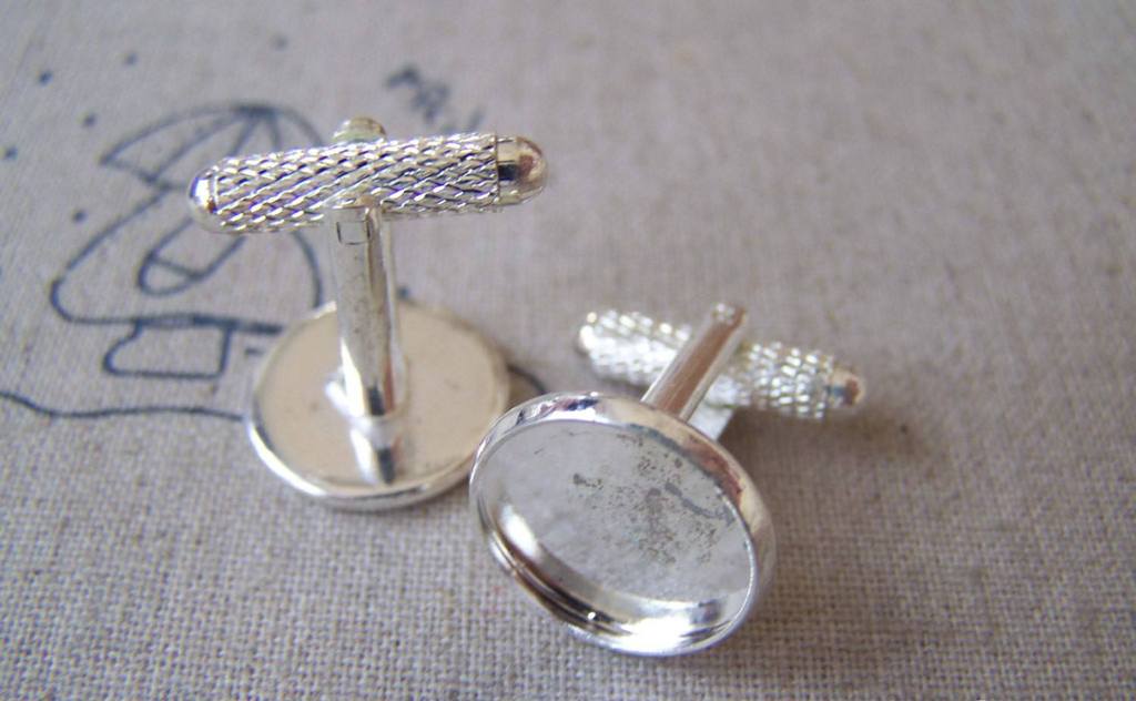 Accessories - 10 Pcs Of Silver Tone Brass Screw Thread Cuff Links Cufflinks With Round Bezel Setting Match 14mm Cameo A3301