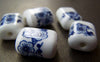 Accessories - 10 Pcs Rondelle Rectangular Blue Peony Flower Ceramic Beads 15x18mm A1866