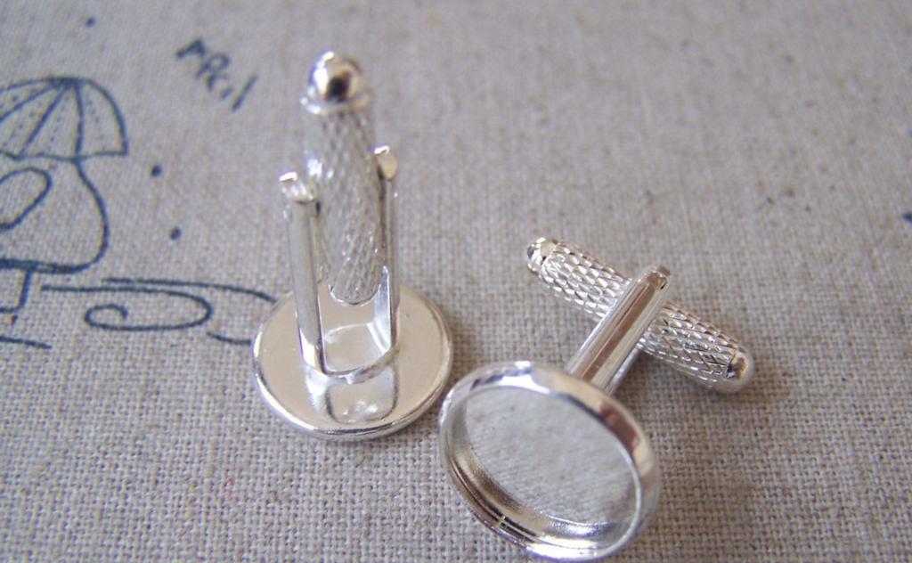 Accessories - 10 Pcs Silver Cufflinks Blanks With 12mm Round Bezel Settings A2196