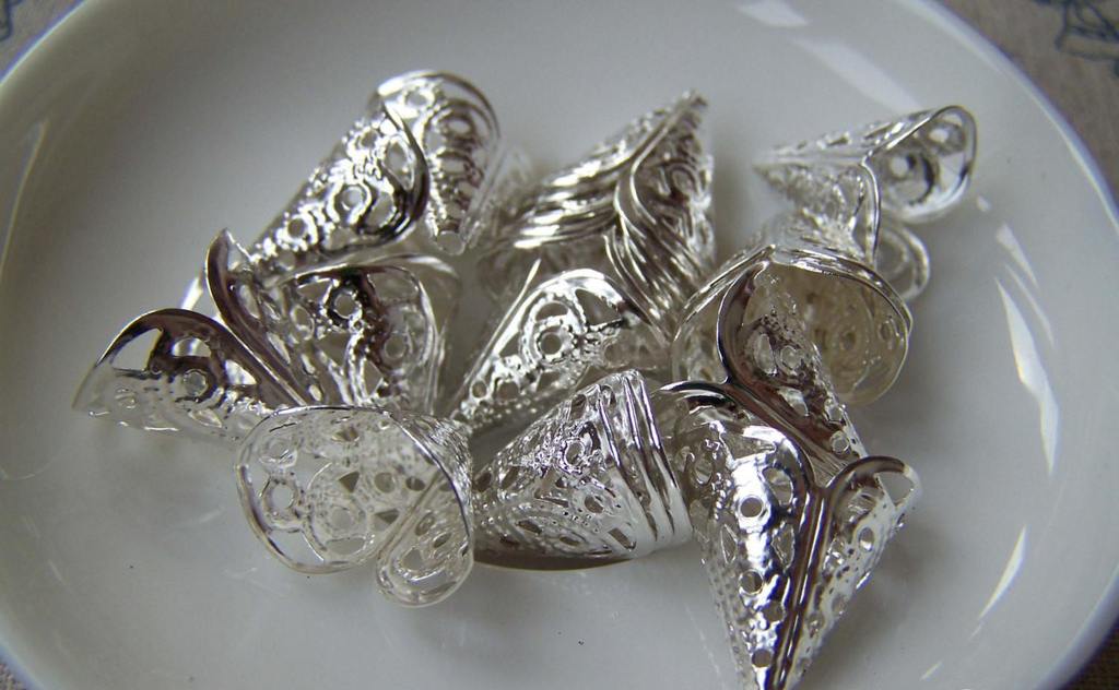 Accessories - 100 Pcs Of Silver Tone Iron Filigree Cone Bead Caps 16x16mm A3683