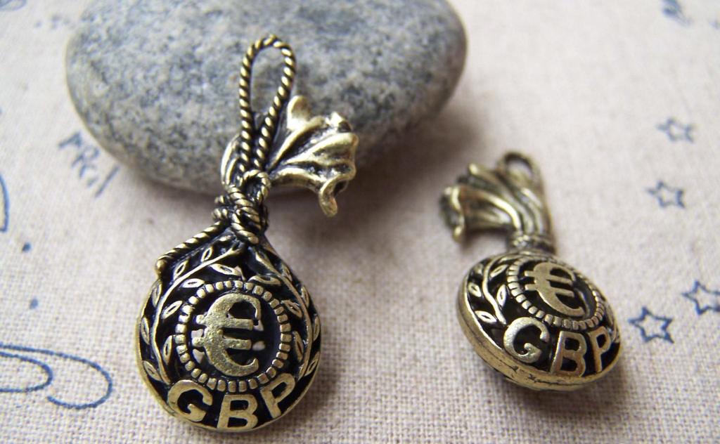 Accessories - 2 Pcs Antique Bronze Money Bag Sack Euro Pound GBP Charms Pendants 15x35mm A486