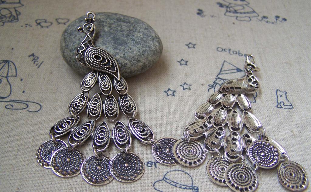 Accessories - 2 Pcs Antique Silver Filigree Peacock Pendants Charms Medium Size 40x74mm A2204