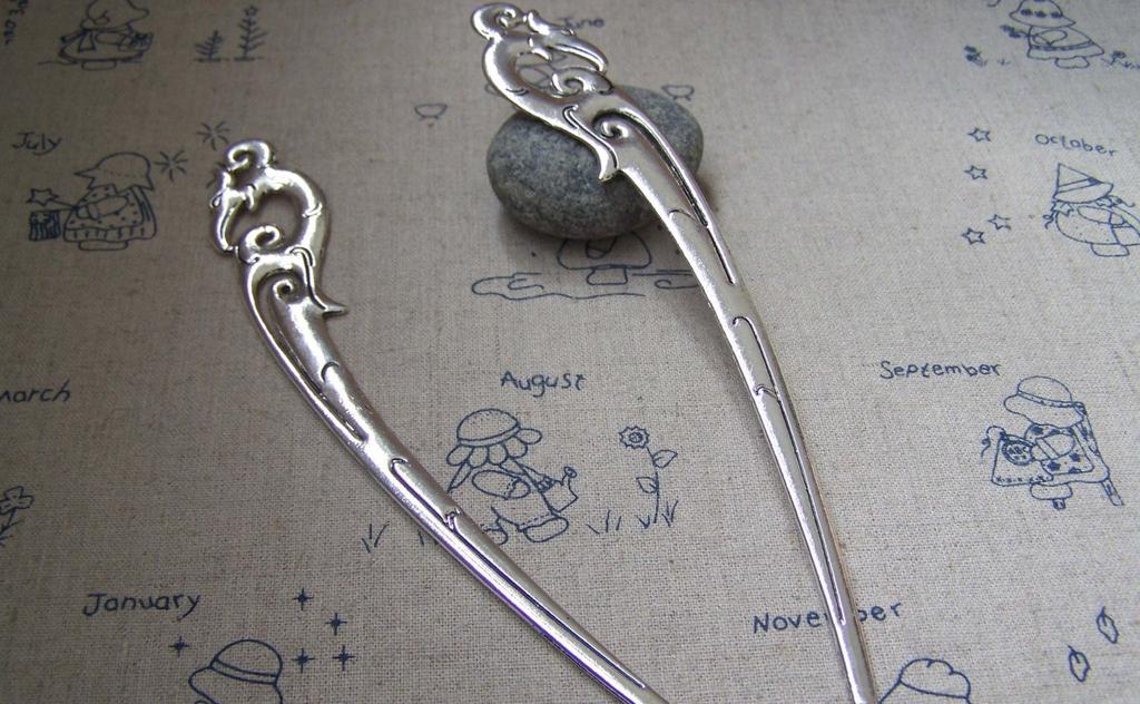 Accessories - 2 Pcs Antique Silver Phoenix Shaped Chinese Hairpin Large Size 25x162mm A2174