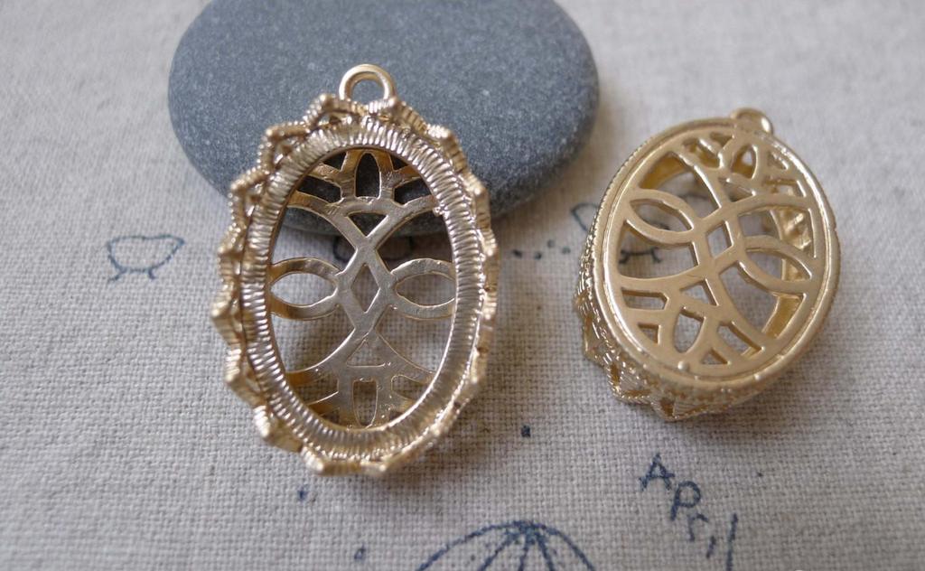 Accessories - 2 Pcs Matte Gold Tone Brass Filigree Oval Base Settings Match 18x25mm Cameo A7152