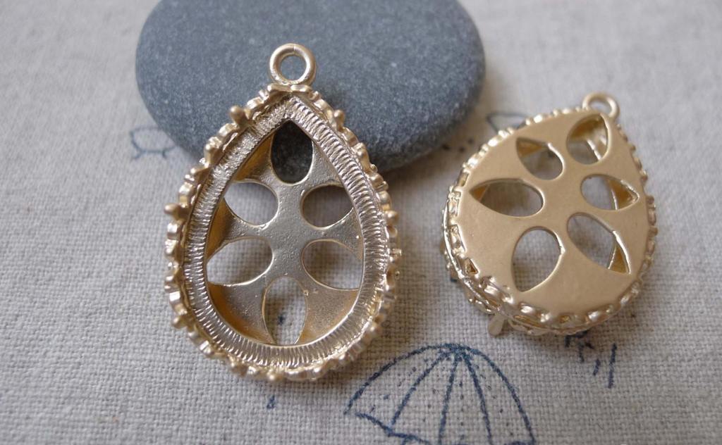 Accessories - 2 Pcs Matte Gold Tone Brass Teardrop Drop Filigree Base Settings Match 18x25mm Cameo A7151
