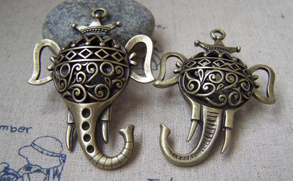 Accessories - 2 Pcs Of Antique Bronze Filigree 3D Elephant Crown King Pendants 40x59mm A2226