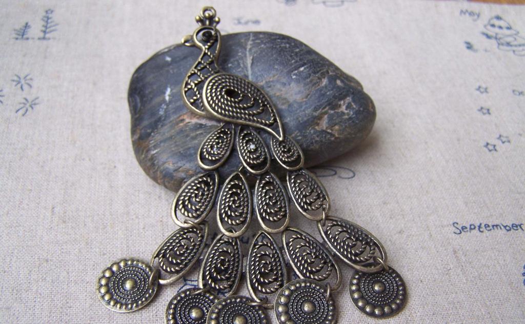 Accessories - 2 Pcs Of Antique Bronze Lovely Filigree Peacock Charms Pendants Large Size 60x105mm A4054