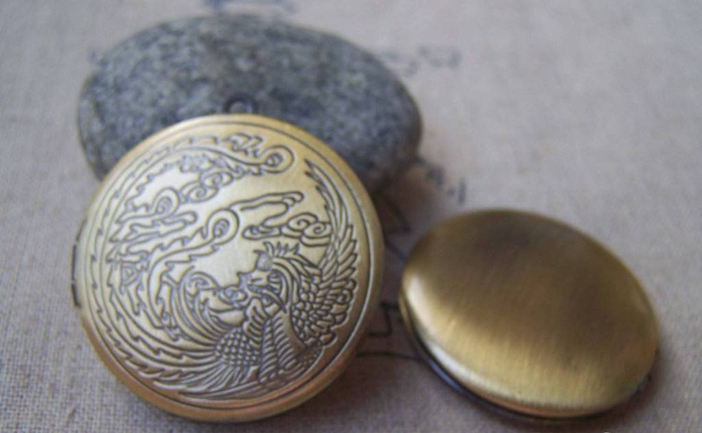 Accessories - 2 Pcs Of Antique Bronze Phoenix Round Photo Lockets 32mm A3375