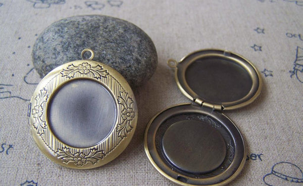 Accessories - 2 Pcs Of Antique Bronze Round Bezel Photo Lockets 32mm A4514