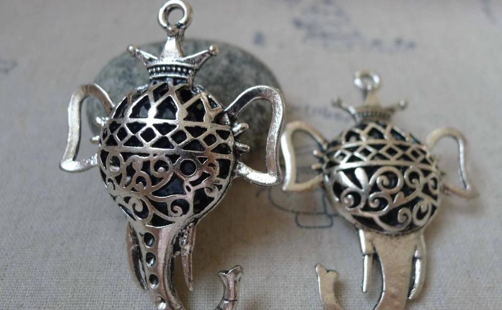Accessories - 2 Pcs Of Antique Silver Filigree 3D Elephant Crown King Pendants 40x59mm A5919