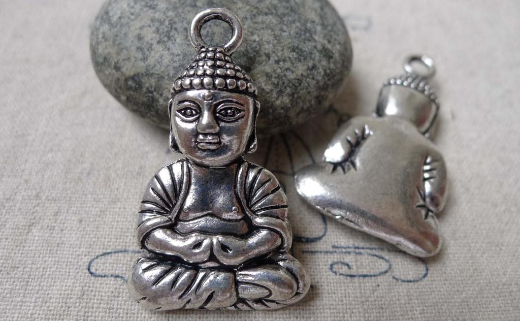 Accessories - 2 Pcs Of Antique Silver Sitting Buddha Charms Pendants 24x39mm A6879