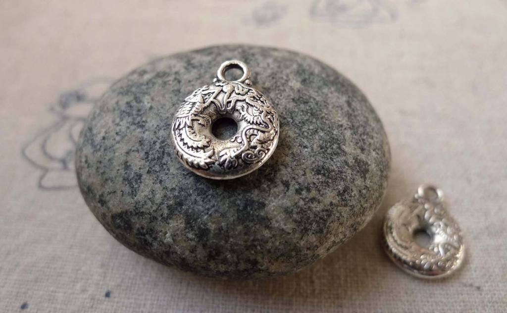 Accessories - 20 Pcs Antique Silver Dragon And Phoenix Ring Charms Double Sided 12mm A6301