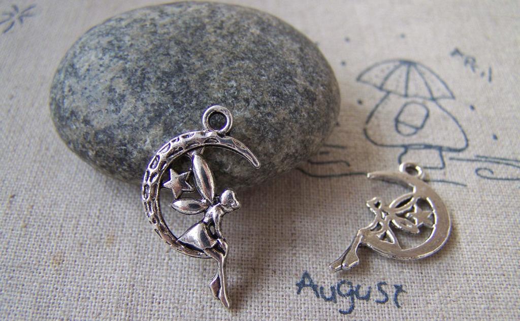 Accessories - 20 Pcs Antique Silver Fairy Angel On Crescent Moon Charms Pendants A5330