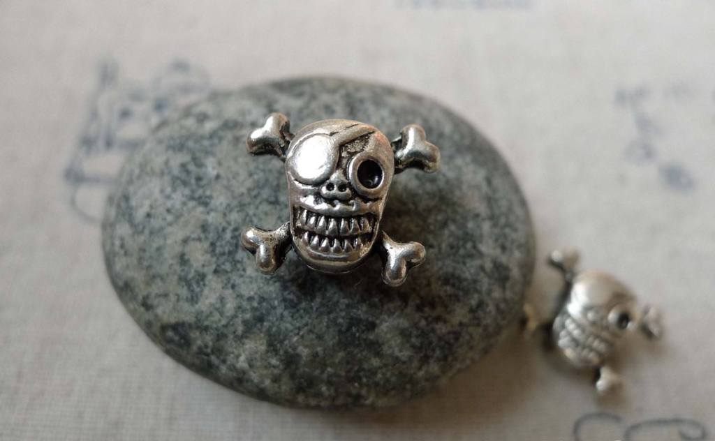 Accessories - 20 Pcs Antique Silver Rondelle Skull Beads Double Sided 12x15mm A5848