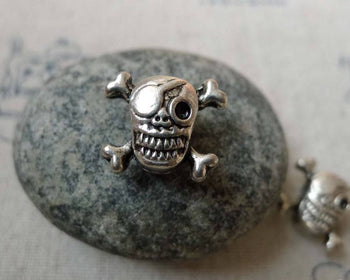 Accessories - 20 Pcs Antique Silver Rondelle Skull Beads Double Sided 12x15mm A5848