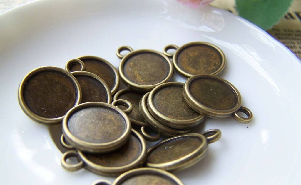 Accessories - 20 Pcs Of Antique Bronze Round Base Settings Pendant Double Sided Match 12mm Cabochon A3533