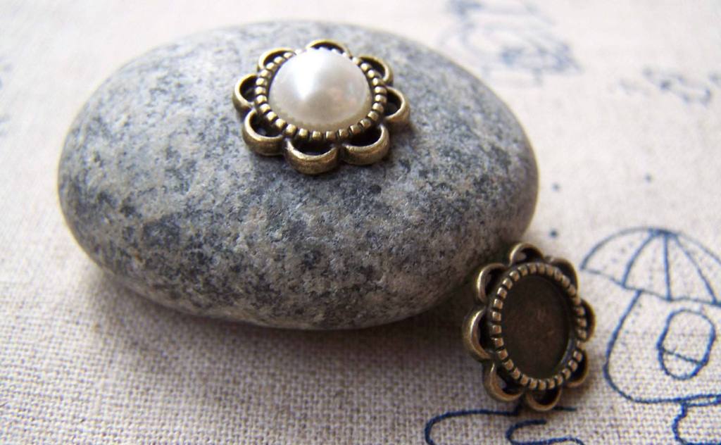 Accessories - 20 Pcs Of Antique Bronze Round Flower Cameo Bezel Base Settings Match 8mm Cabochon A3195