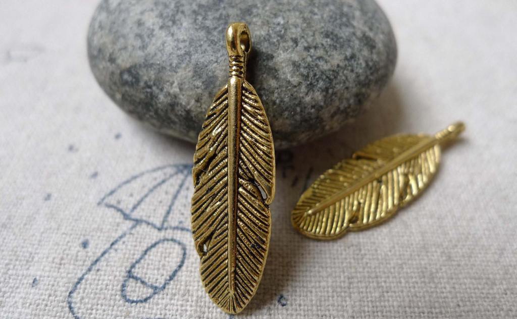 Accessories - 20 Pcs Of Antique Gold Lovely Feather Leaf Charms 9x30mm A6871