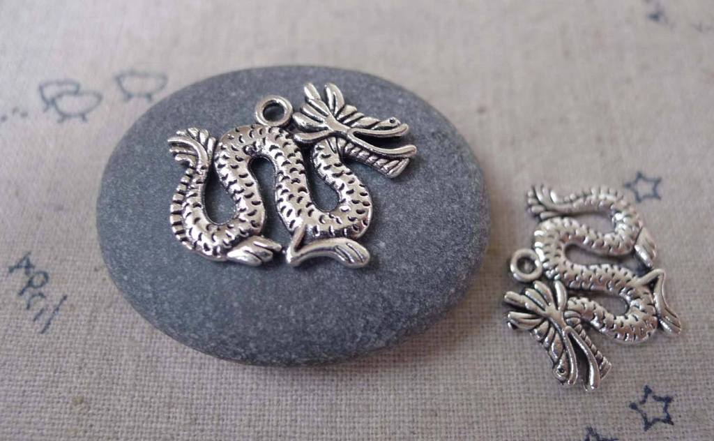 Accessories - 20 Pcs Of Antique Silver Chinese Dragon Charms 19x24mm A7355