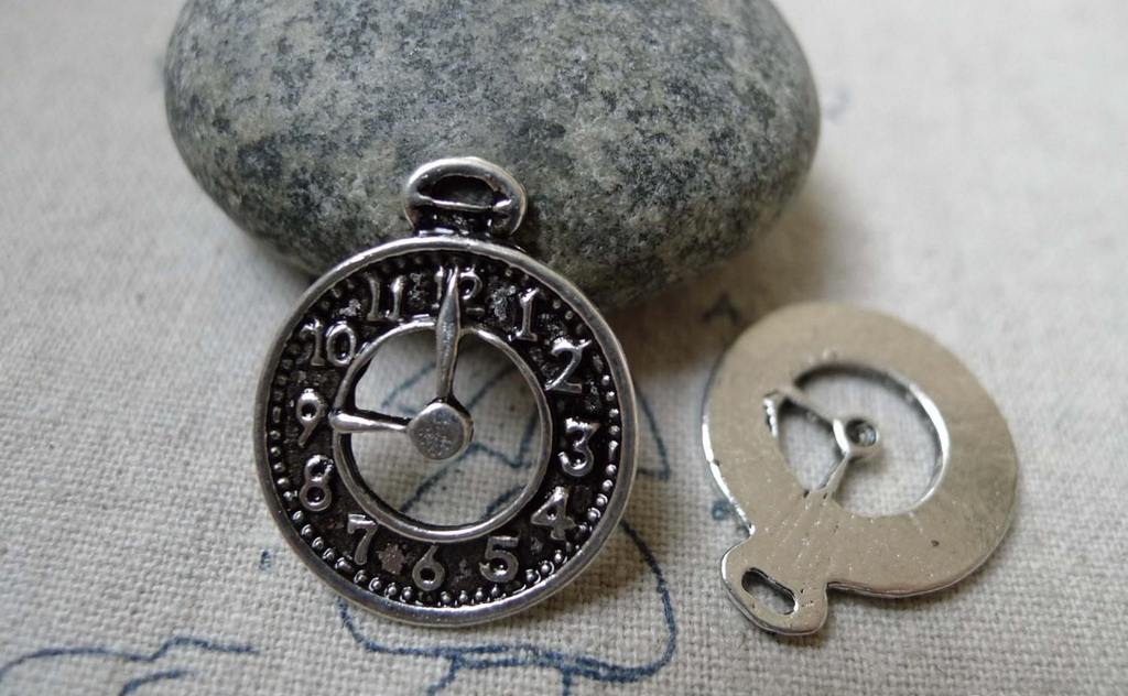 Accessories - 20 Pcs Of Antique Silver Filigree Clock Charms 20x25mm A6139