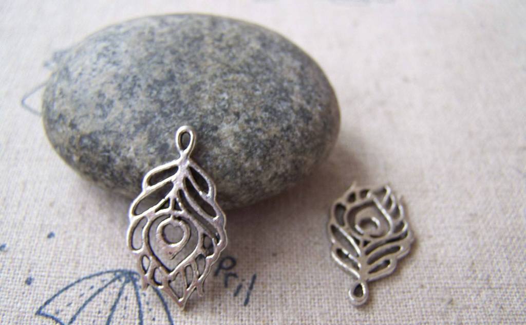 Accessories - 20 Pcs Of Antique Silver Filigree Peacock Feather Charms 13x22mm A2523