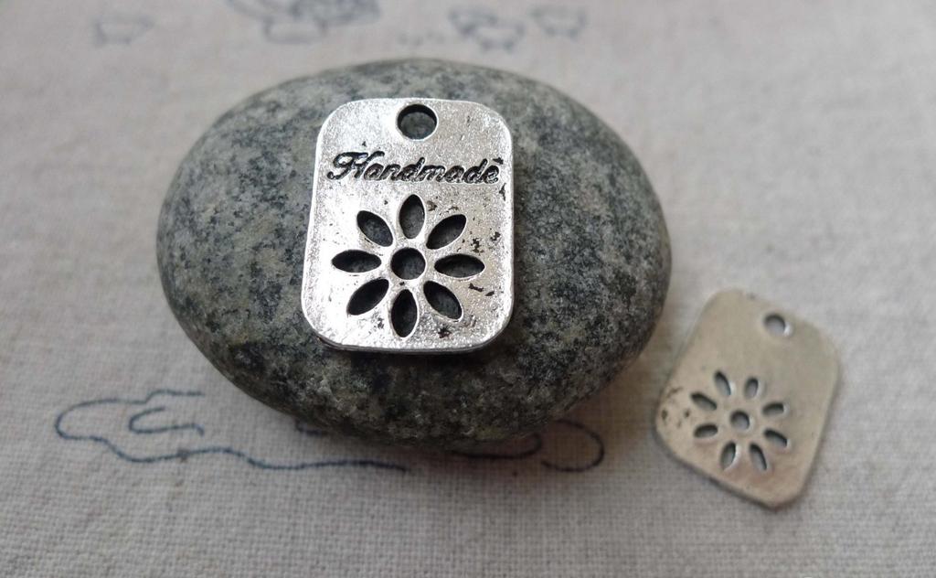 Accessories - 20 Pcs Of Antique Silver Rectangular Handmade Flower Charms 14x19mm A6693