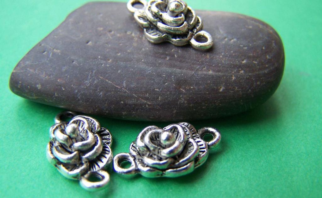 Accessories - 20 Pcs Of Antique Silver Rose Flower Connectors Charms 10x15mm A1107