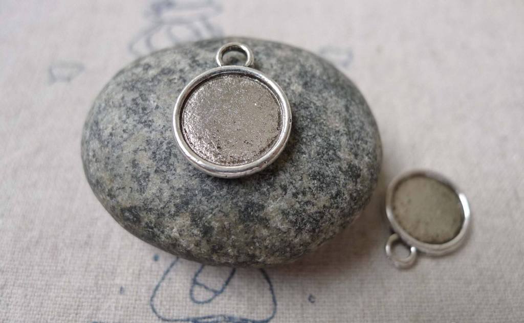 Accessories - 20 Pcs Of Antique Silver Round Base Settings Pendant Double Sided Match 12mm Cabochon A6885