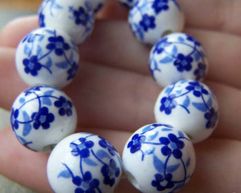 Accessories - 20 Pcs Of Hand Painted Chinese Blue Flower Ceramic Round Beads 12mm  A1879
