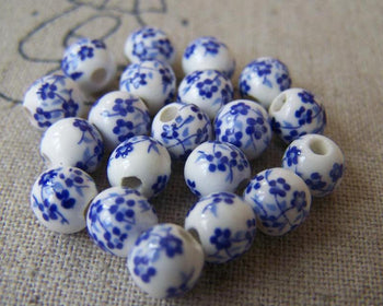 Accessories - 20 Pcs Of Hand Painted Chinese Blue Flower Ceramic Round Beads 6mm A565