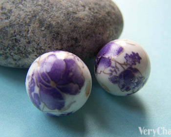Accessories - 20 Pcs Of Hand Painted Chinese Purple Flower Ceramic Round Beads 12mm A2388