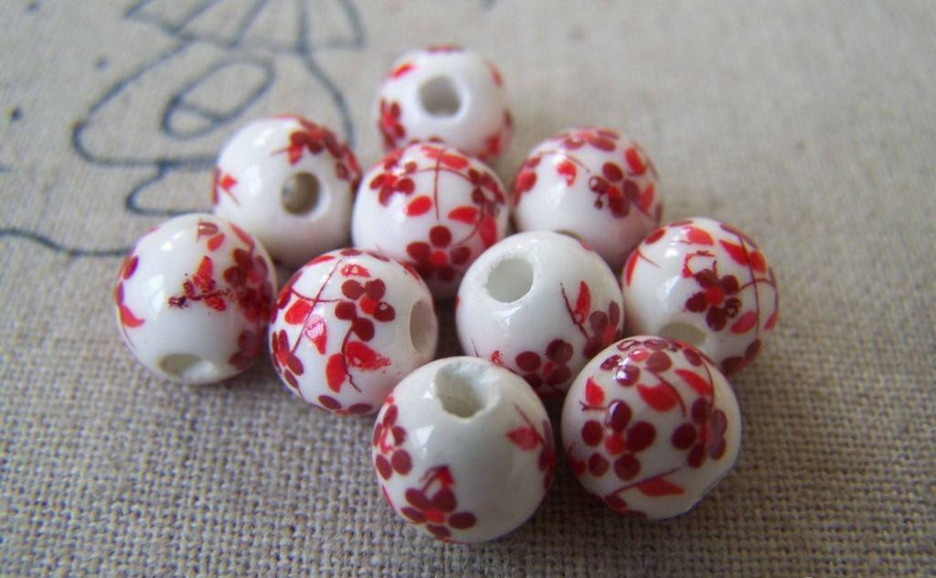 Accessories - 20 Pcs Of Hand Painted Lovely Red Flower Chinese Ceramic Beads 8mm A568
