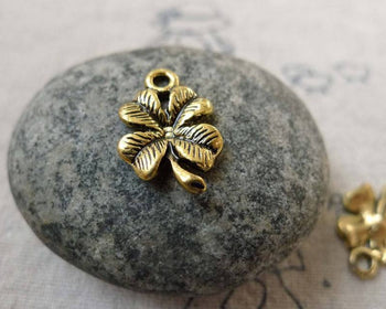 Accessories - 30 Pcs Antique Gold Four-Leaf Clover Lucky Flower Charms 10x19mm  A6476