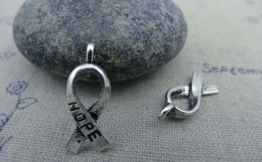 Accessories - 30 Pcs Of Antique Silver Hope Red Ribbon Charms 17mm A1318