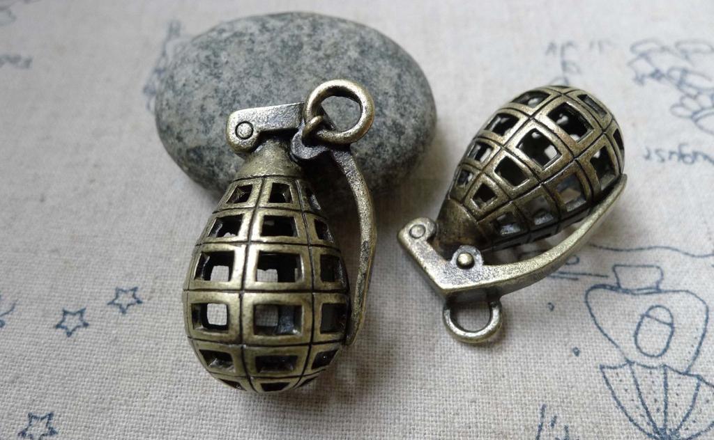 Accessories - 3D Grenade Pendants Antique Bronze Charms 23x34mm Set Of 2 Pcs A6032