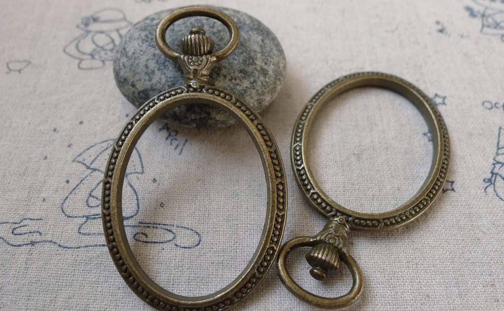 Accessories - 4 Pcs Antique Bronze Oval Pocket Watch Frame Pendants A6307