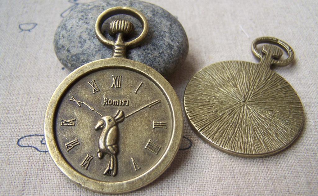 Accessories - 4 Pcs Antique Bronze Parrot Round Pocket Watch Clock Pendants 37x54mm A2973