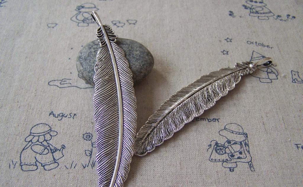 Accessories - 4 Pcs Antique Silver Super Large Feather Pendants 10x105mm A4246