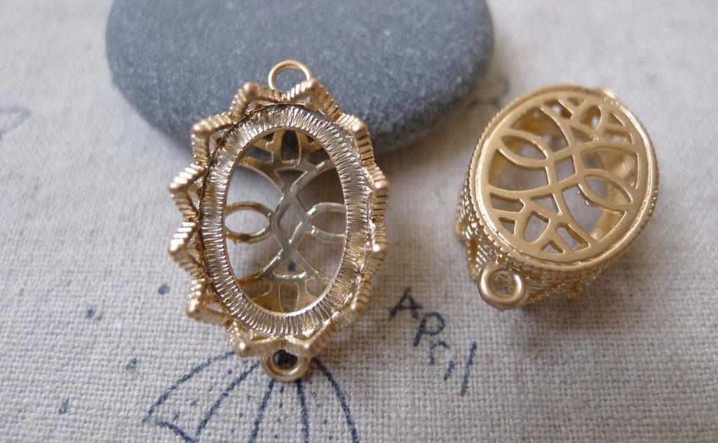 Accessories - 4 Pcs Matte Gold Tone Brass Oval Filigree Flower Base Settings Connector Match 13x18mm Cameo A7150