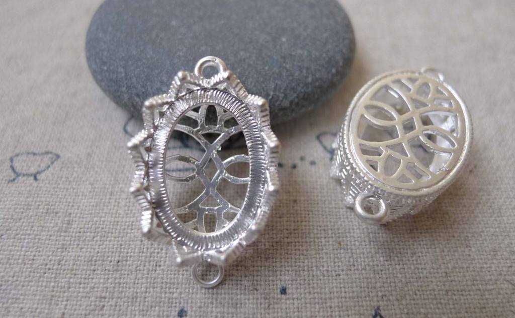 Accessories - 4 Pcs Matte Silver Tone Brass Oval Filigree Flower Base Settings Connector Match 13x18mm Cameo A7155