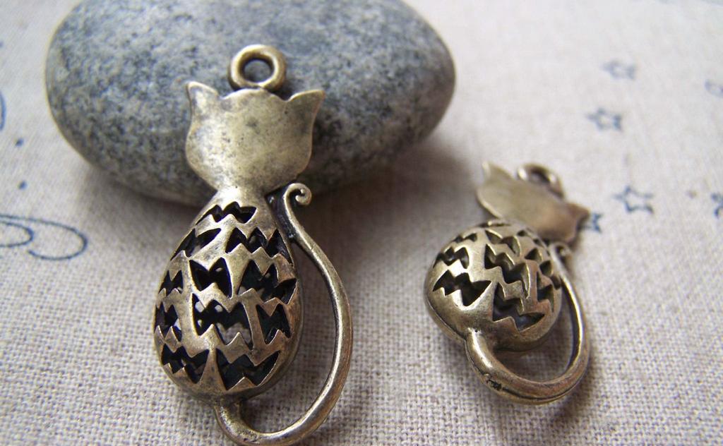 Accessories - 4 Pcs Of Antique Bronze Filigree Kitten Cat Charms Pendants 16x31mm A1795