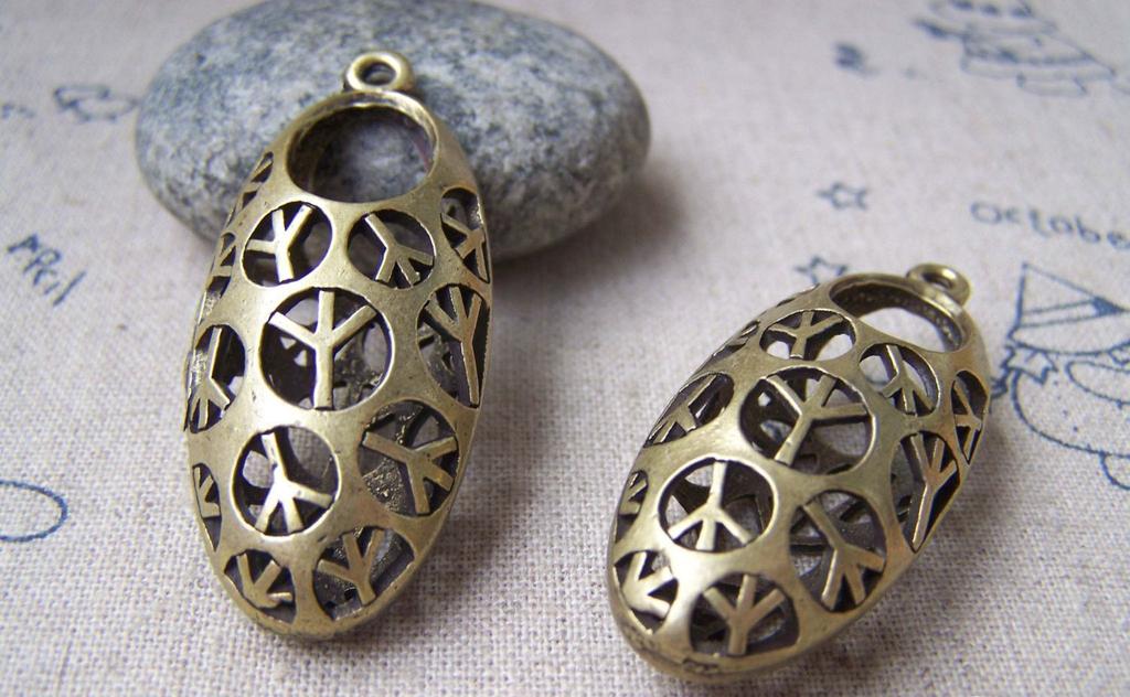 Accessories - 4 Pcs Of Antique Bronze Filigree Peace Symbol 3D Charms Pendants 19x44mm A439
